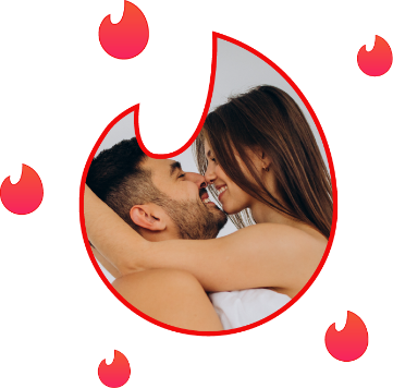 The Tinder flame icon shows a picture of a couple lying in bed almost kissing, surrounded by smaller Tinder flame icons