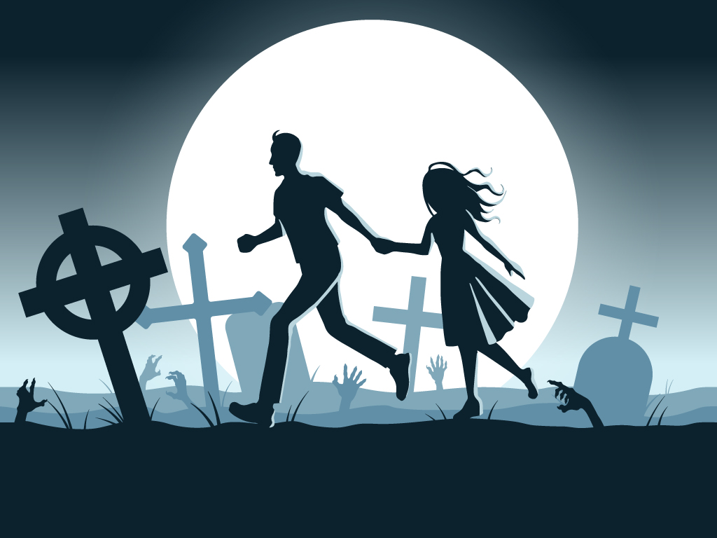 Dark silhouette of man and woman holding hands while running through a cemetery with hands coming out of the ground.