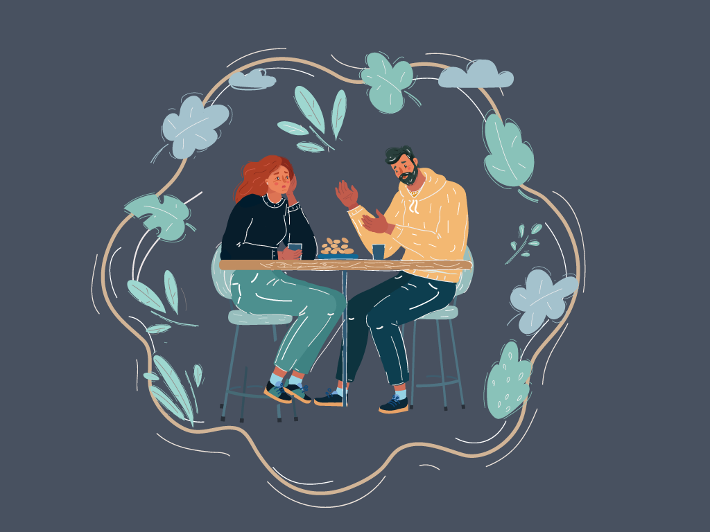 Man and woman on a date sitting on a wooden table on stools, looking bored and in silence. Surrounded by leaves